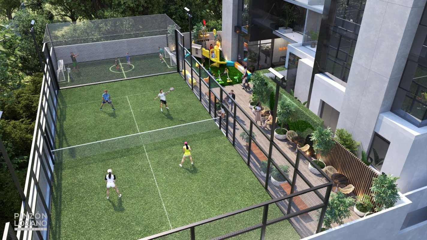 Paddle tennis court and landscaped outdoor amenities PH Altamira Residences San Francisco Panama