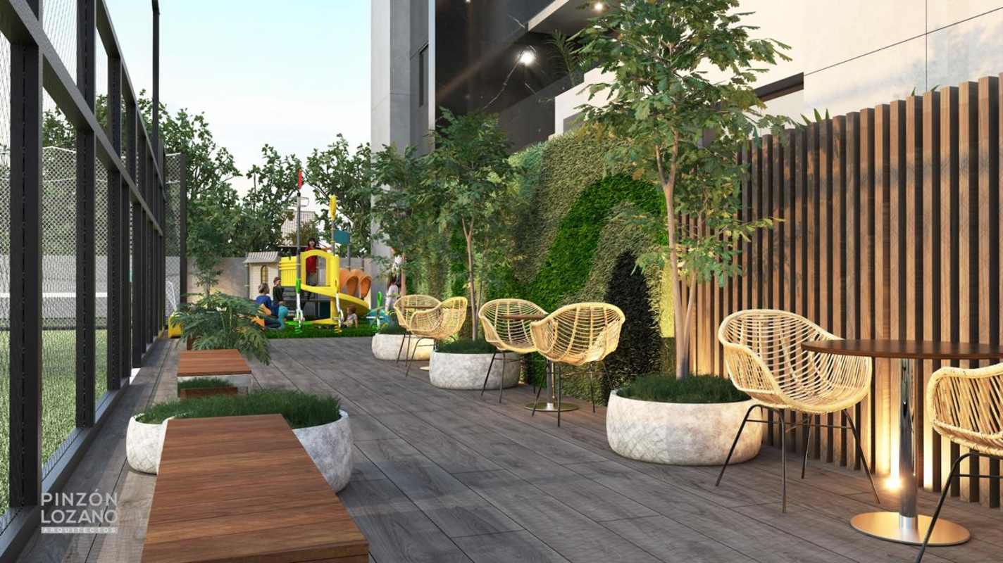 Landscaped lounge area with vertical garden and child play PH Altamira Panama