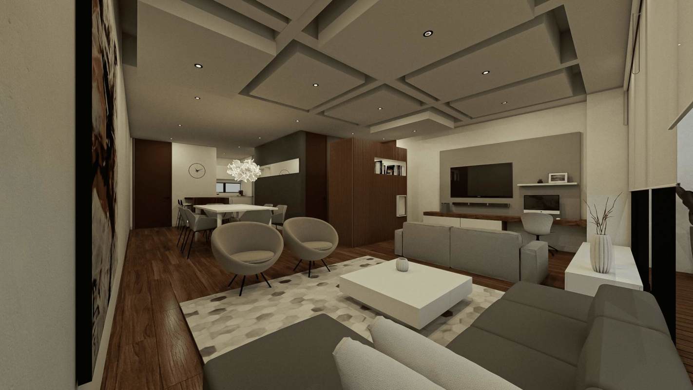 Spacious open living dining kitchen area with porcelain tile floors in new PH Zima apartment Panama