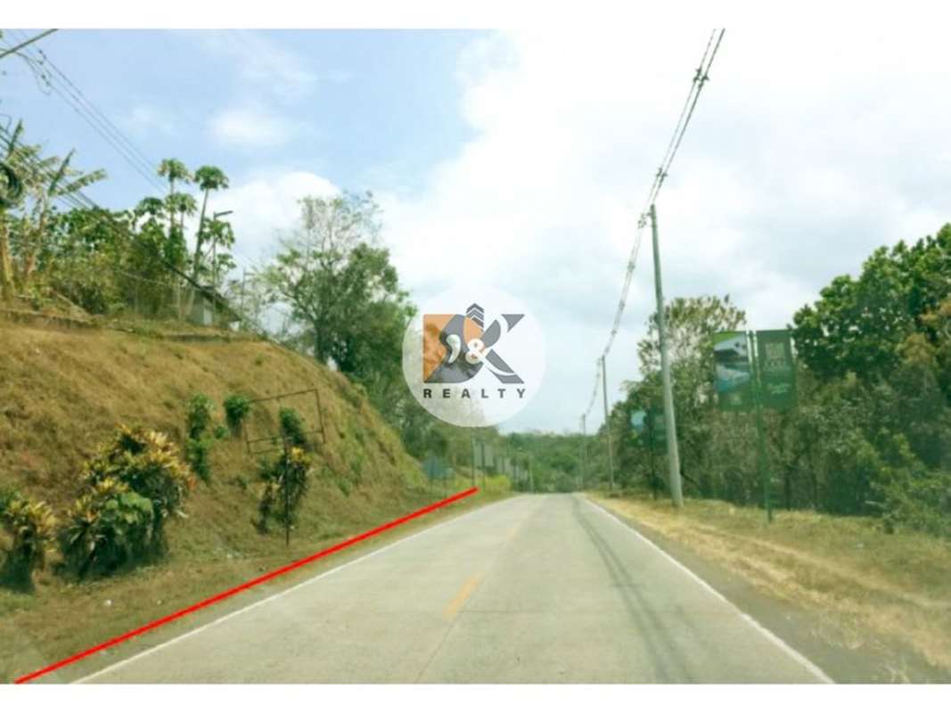 Paved entry road with slope and power lines along border of land parcel, Brisas del Golf Panama