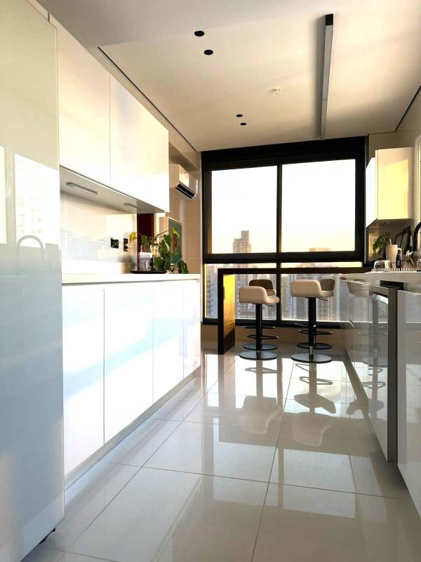 Modern kitchen with city skyline views at PH Wind Rose Coco del Mar Panama