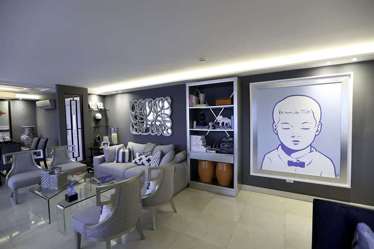 Living area marble floors city view remodeled condo Sol Marina Marbella Panama