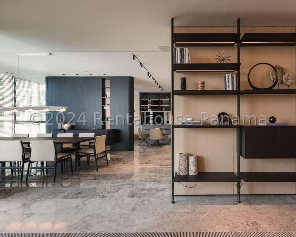 Spacious contemporary kitchen with marble countertops and island at PH Pacific Point Punta Pacifica Panama City