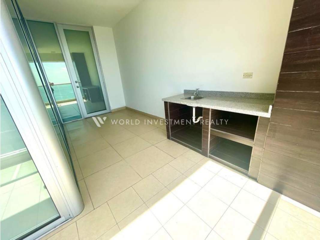 Balcony with glass railings face city skyline marina PH Rivage Panama Condo