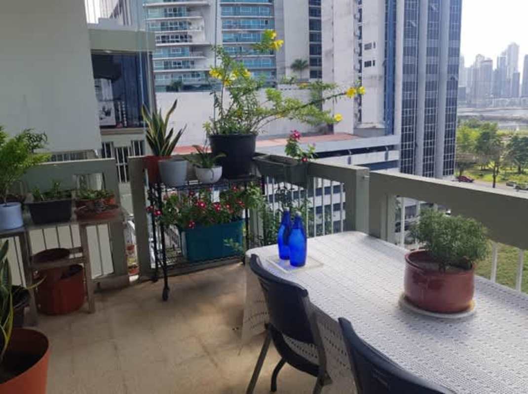Balcony with potted plants and Pacific Ocean skyline view in PH Anayansi Panama