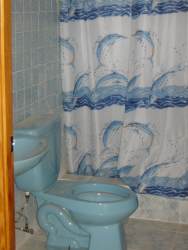 Bathroom with burgundy sink and toilet storage rack Brisas del Coronado Panama