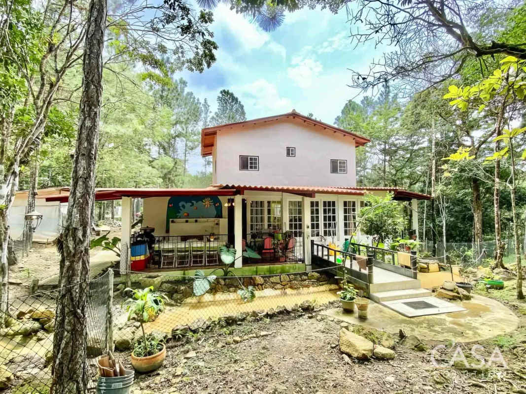 Dining room with French doors, rustic decor, and terrace access in mountain home Panama