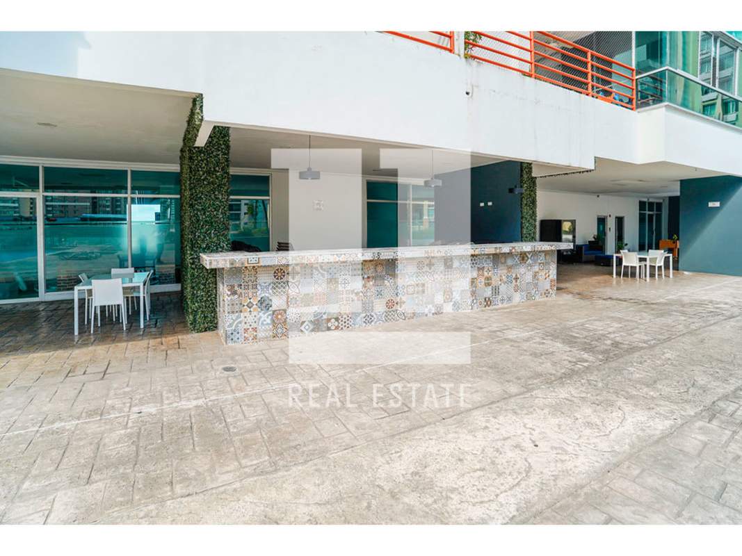 Outdoor covered patio with bar counter tile mosaic PH Sol del Este Costa del Este Panama