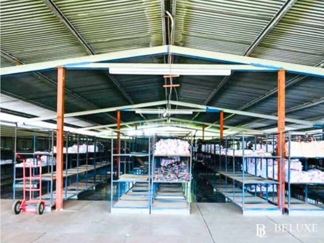 Interior of large warehouse with metal roof beams and storage shelves Pueblo Nuevo