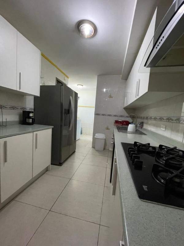 Modern galley kitchen with white cabinets, gas stove and refrigerator in PH Obarrio Palace Obarrio Panama
