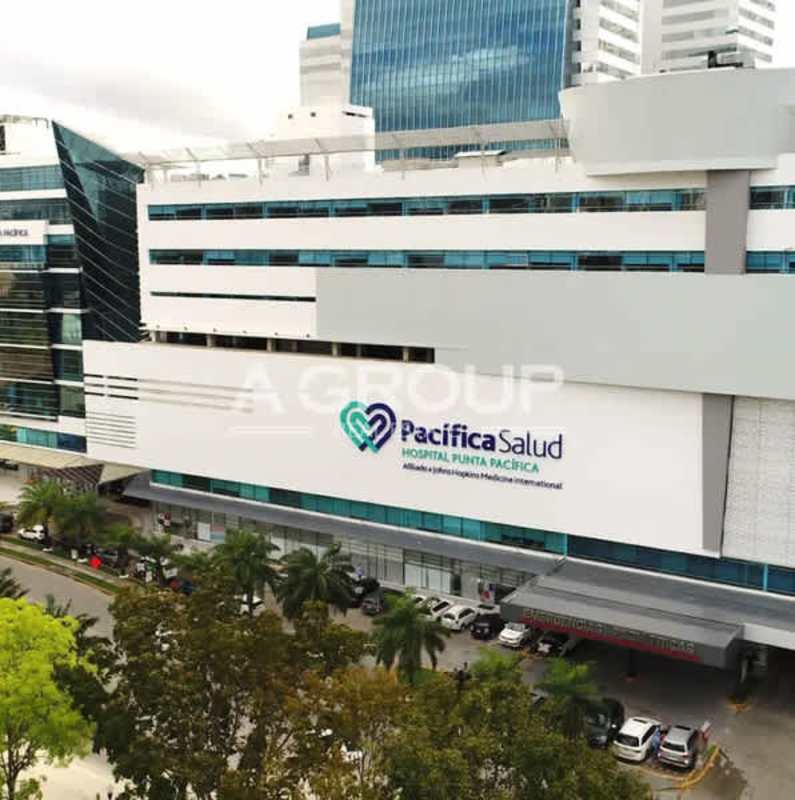 Modern hospital building facade Pacifica Salud Johns Hopkins affiliate Punta Pacífica Panama