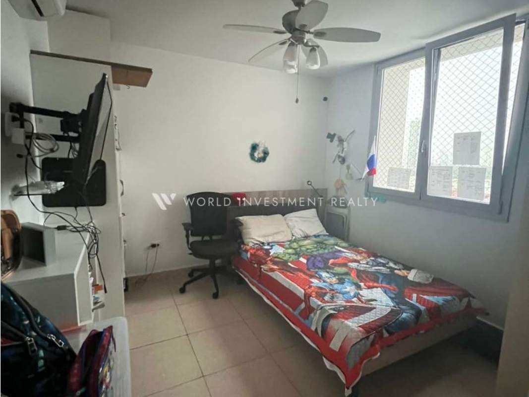 Bedroom with large window, ceiling fan, and tiled floors PH Costa View Costa del Este Panama
