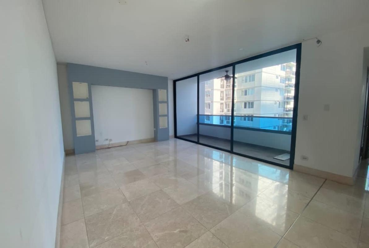 Contemporary closed kitchen with large window in PH Deluxe Residences luxury condo Punta Paitilla Panama City