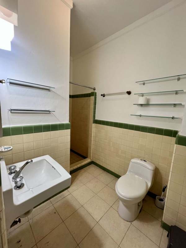 Bright bedroom with dark wood floors, large windows, AC and garden views in Clayton house