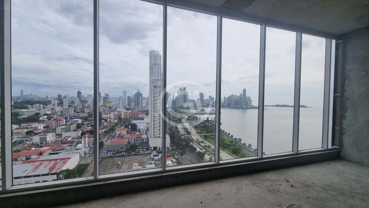 Skyline and bay view from unfinished high-rise office on Avenida Balboa Panama City