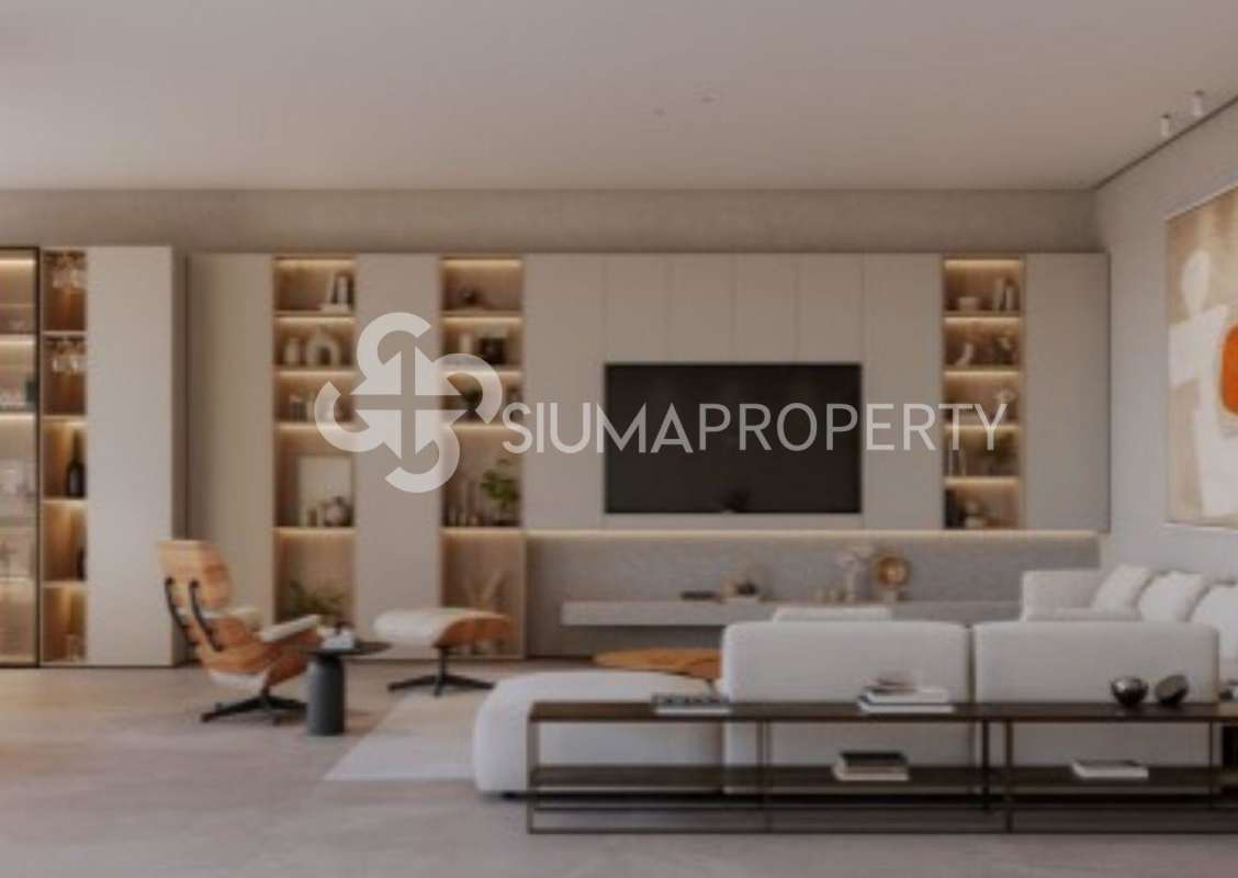 Modern living room with marble floors and built-in shelving luxury condo