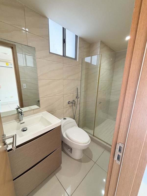 Bathroom with vanity sink and glass shower enclosure PH Torres del Parque Panama