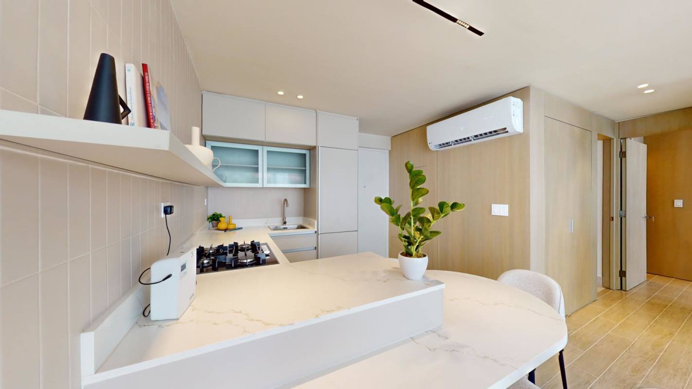 Modern minimalist kitchen with marble countertop, gas stove, open shelving in PH Armonia Bella Vista Panama