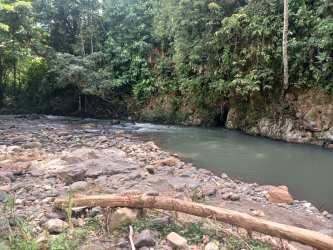 Natural river flowing along forest edge at back of 4000m2 property Capira Panama