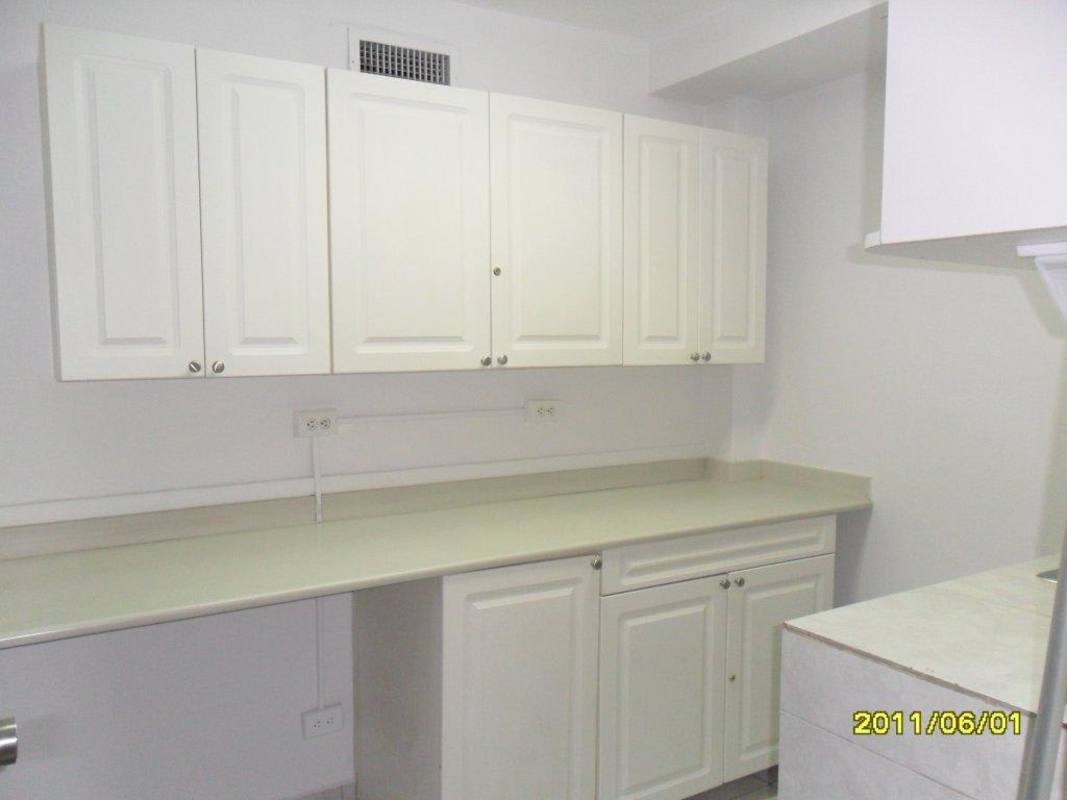 Compact kitchenette in office space with white cabinets neutral tones Panama City