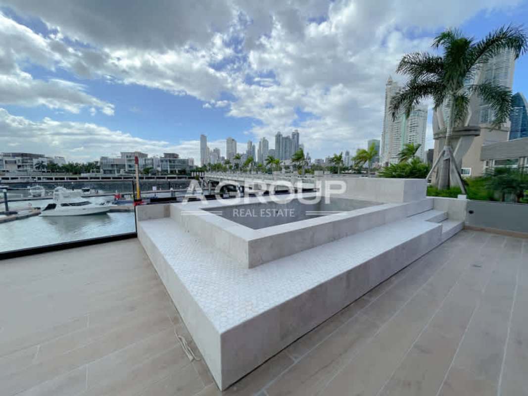 Modern terrace with plunge pool overlooking marina Ocean Reef Islands Panama