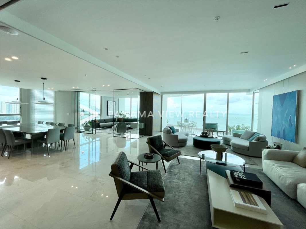 Elegant spacious open living room with marble floors panoramic ocean views in Punta Pacifica Panama