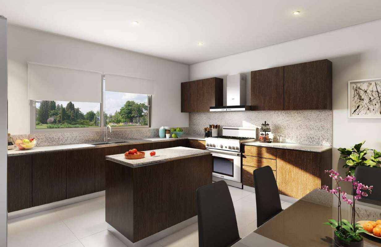 Fully equipped kitchen with island, granite countertops, large window garden view Altos del Parque Panama
