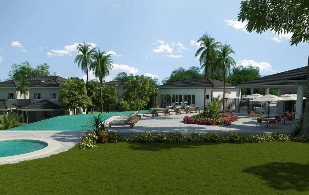 Resort style swimming pool gardens clubhouse Altos del Parque Condado del Rey Panama