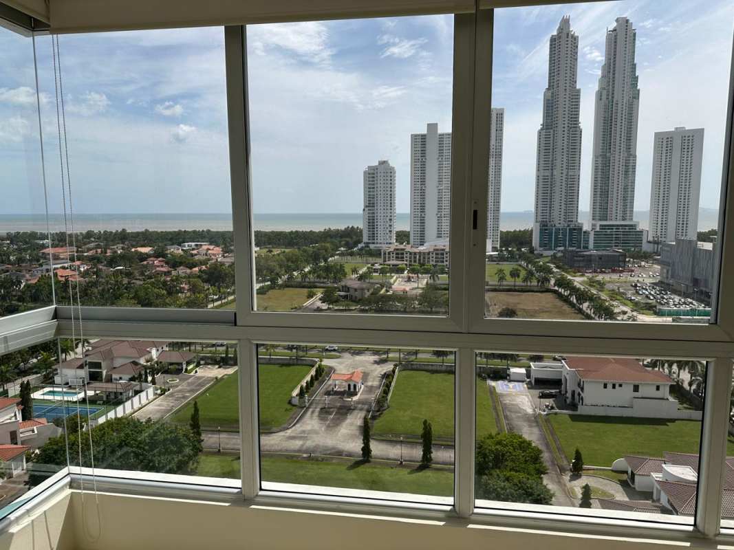 Open living room panoramic windows Costa del Este PH Soho Tower Panama for sale