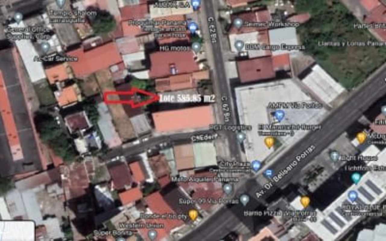 Satellite aerial highlighting 585 m² urban lot with potential on Avenida 62 Este in Carrasquilla Panama City