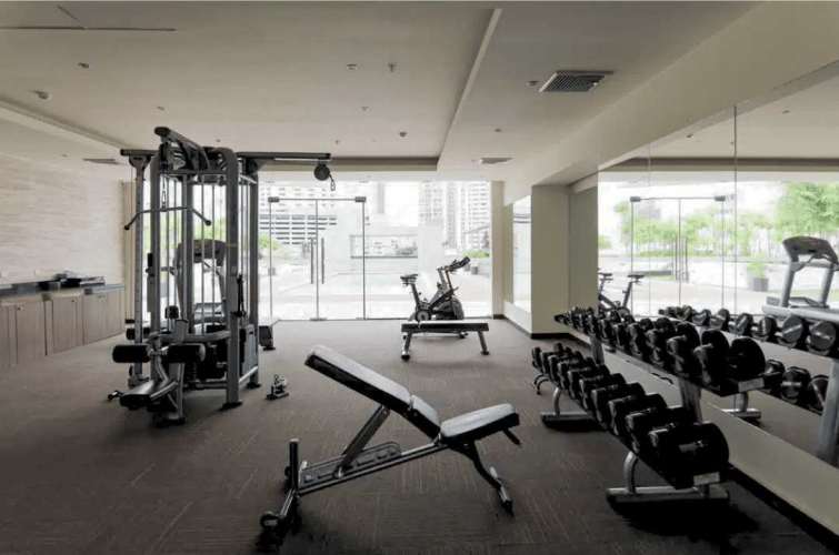 Modern gym with exercise equipment, large windows in Sol Marina Tower Marbella Panama City