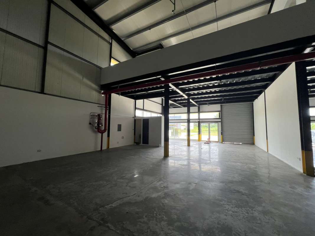 Warehouse front with loading area and parking spaces at commercial complex