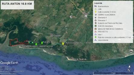 Route planning map satellite image from Antón town to beachfront Los Azules land Panama