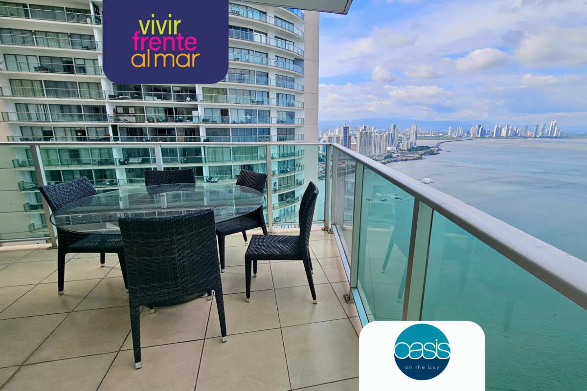 Spacious balcony overlooking sea and skyline in Punta Pacifica Oasis on the Bay