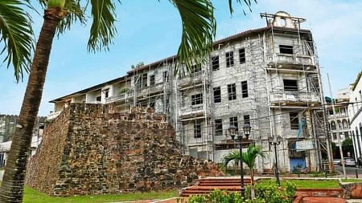 Colonial-style mixed-use historic building with scaffolding restoration Casco Viejo Panama