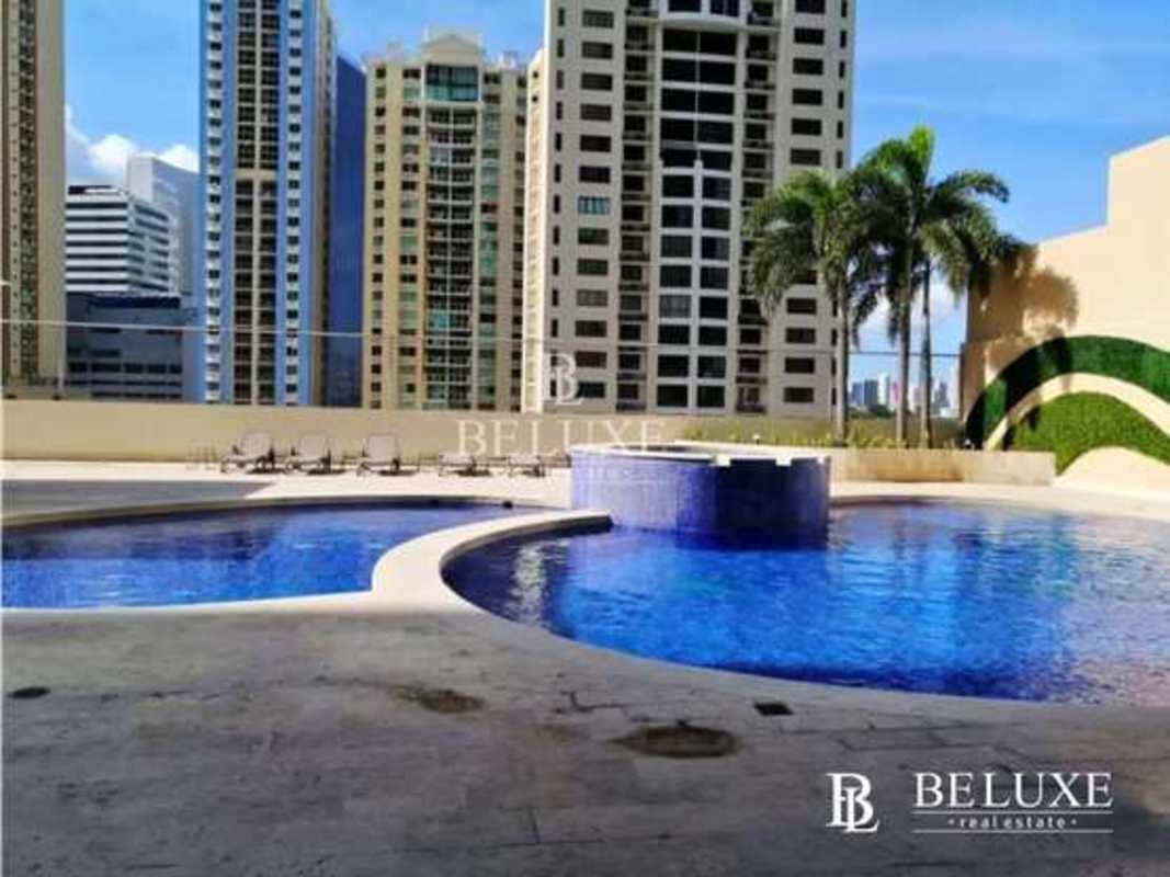 Infinity pool with jacuzzi sunbathing area PH Dupont tower Punta Pacifica Panama