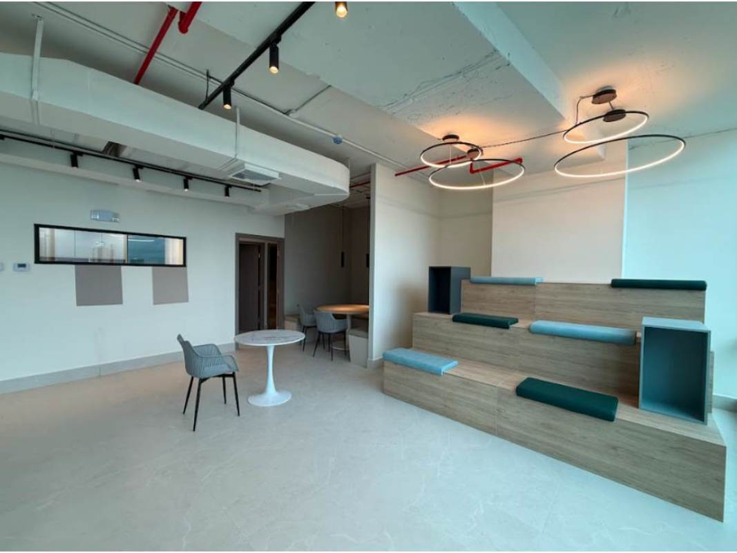 Compact kitchenette with green walls, light cabinets, wood countertop in Financial Park Tower Costa del Este