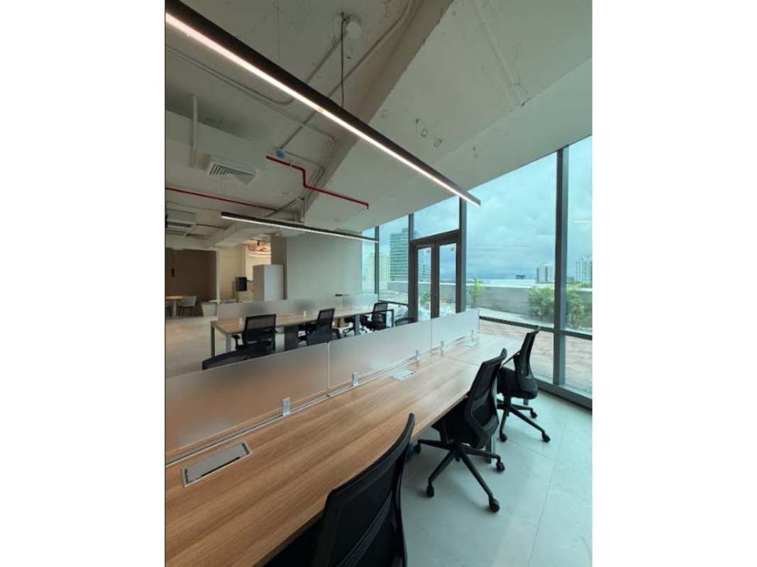 Spacious open office floor plan with shared wooden desks, glass partitions, city views in Financial Park Tower Panama City