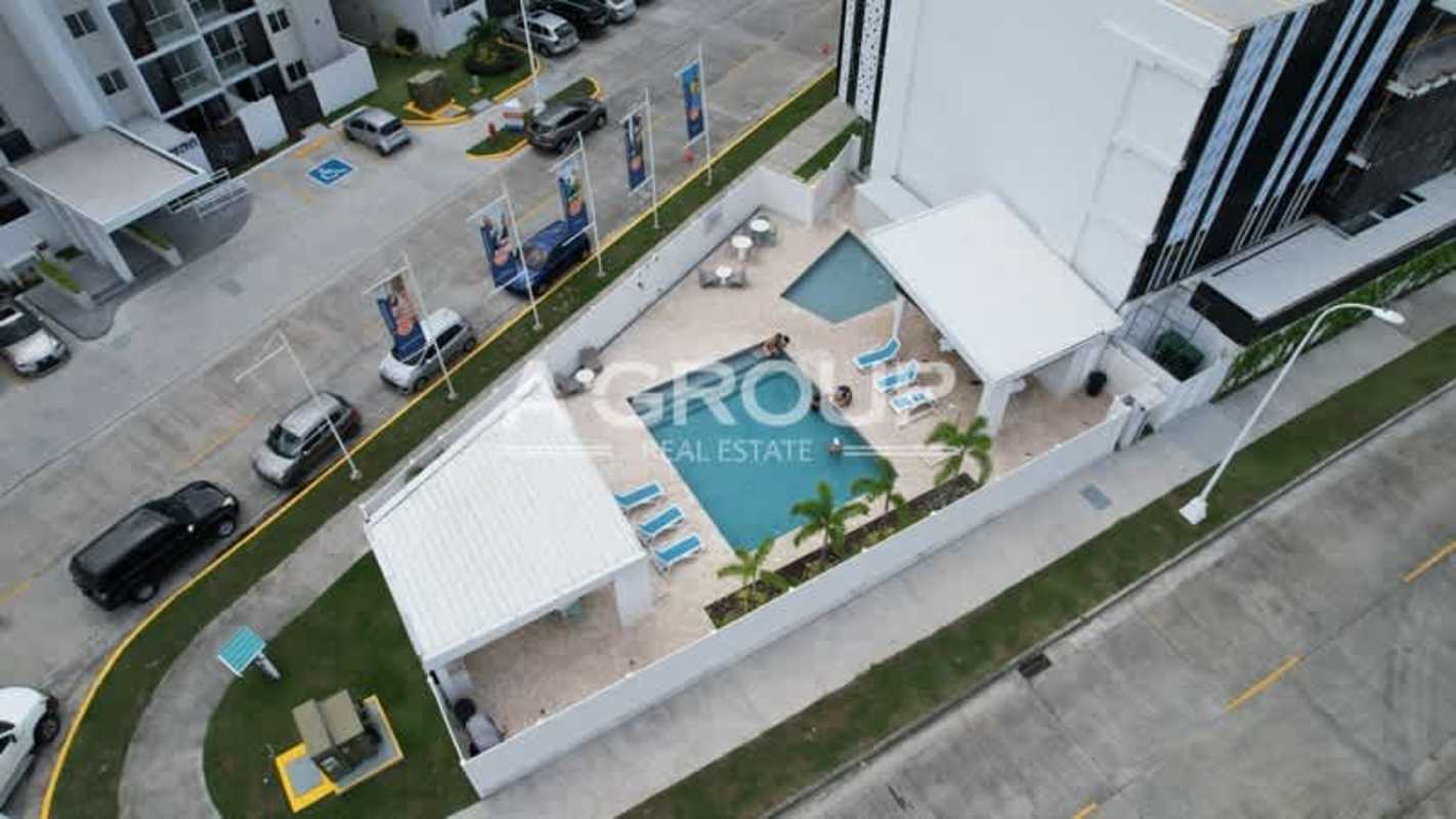Aerial showing swimming pools and towers at Panama Viejo Residences