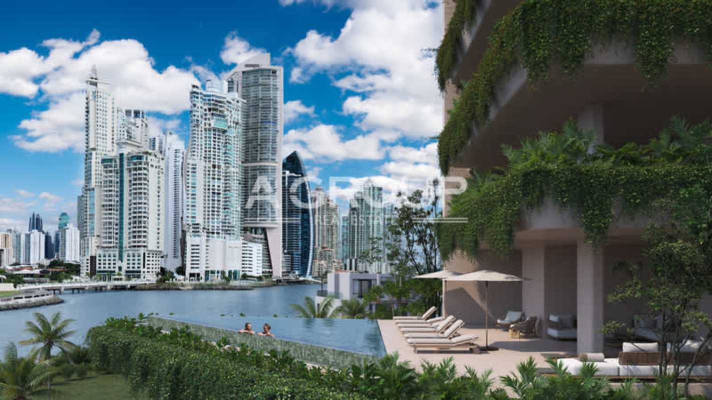 Modern infinity pool with palm trees and skyline water views in Panama