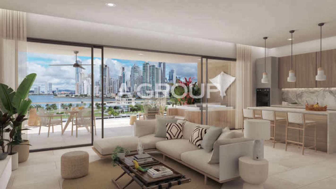 Modern living dining and kitchen open space with panoramic ocean views Ocean Reef Islands Panama