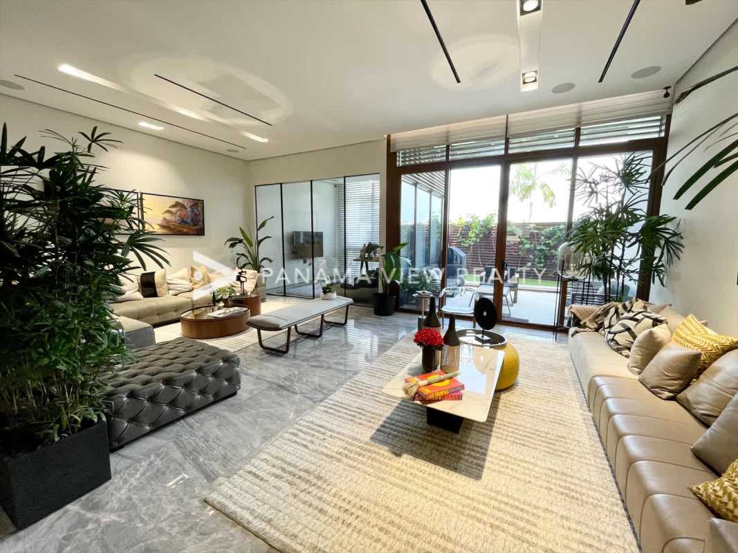 Luxurious spacious living room with marble floors and panoramic ocean views in PH Ocean Reef Islands Panama City