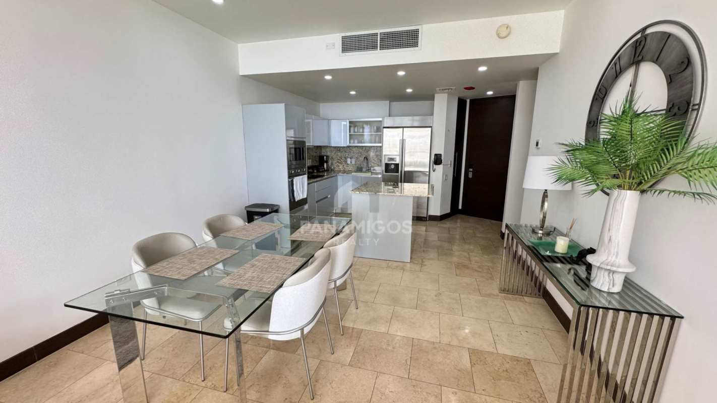 Luxury condo living room with panoramic views and contemporary design in Punta Pacífica