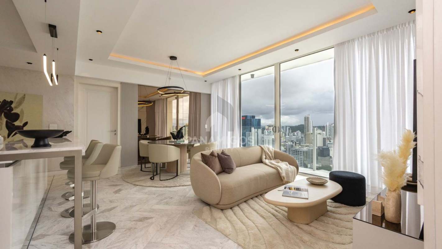 Upscale kitchen with marble countertop, modern minimalist design in Wanders and Yoo Panama City