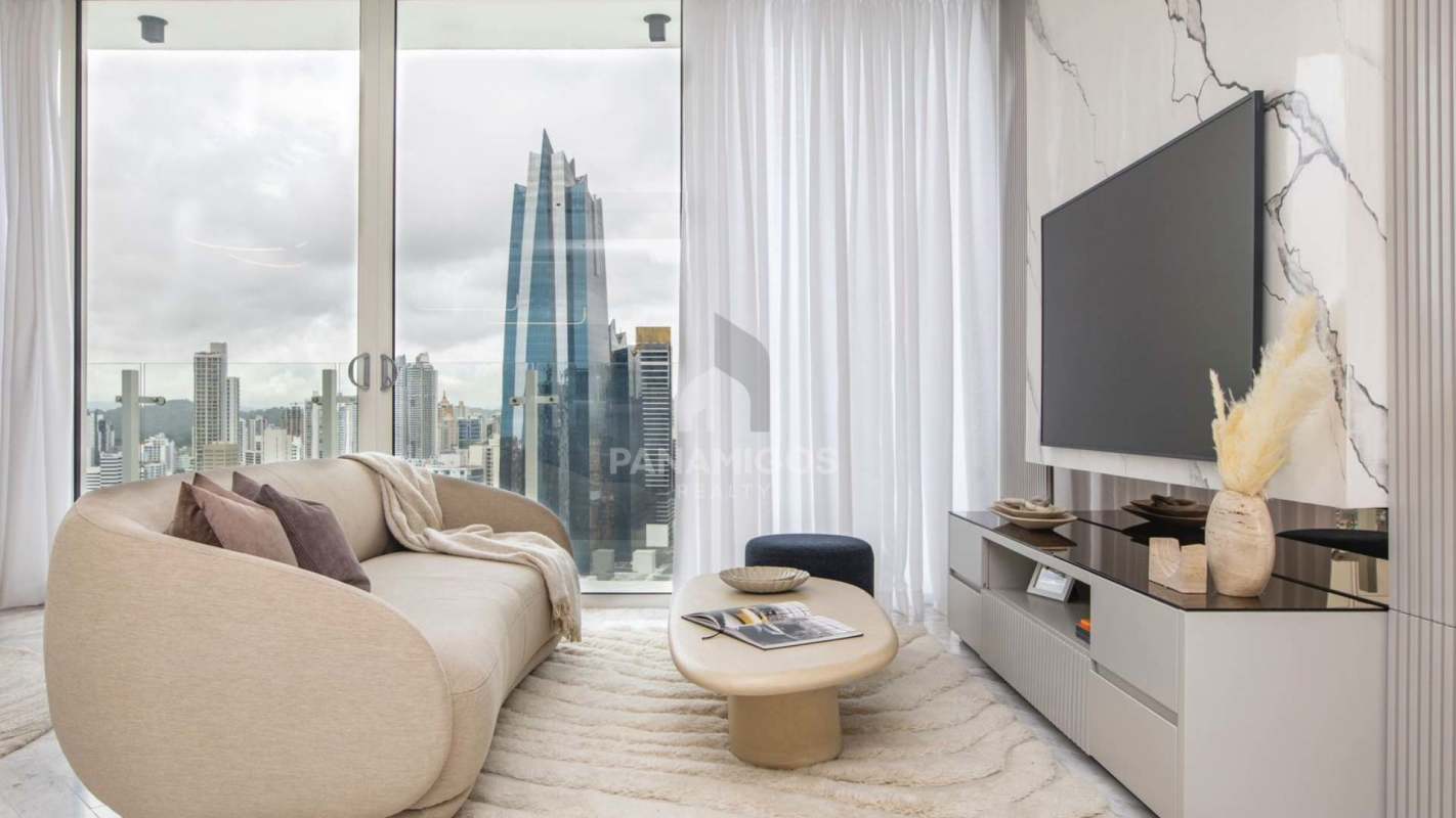 Modern open-plan living dining with marble and city view Wanders and Yoo Panama