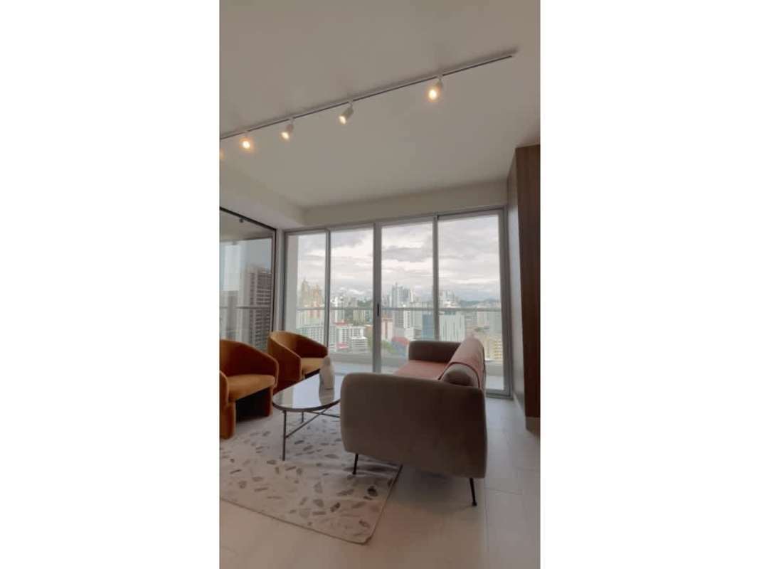 Contemporary bathroom with glass enclosed shower and vanity in Obarrio Panama apartment