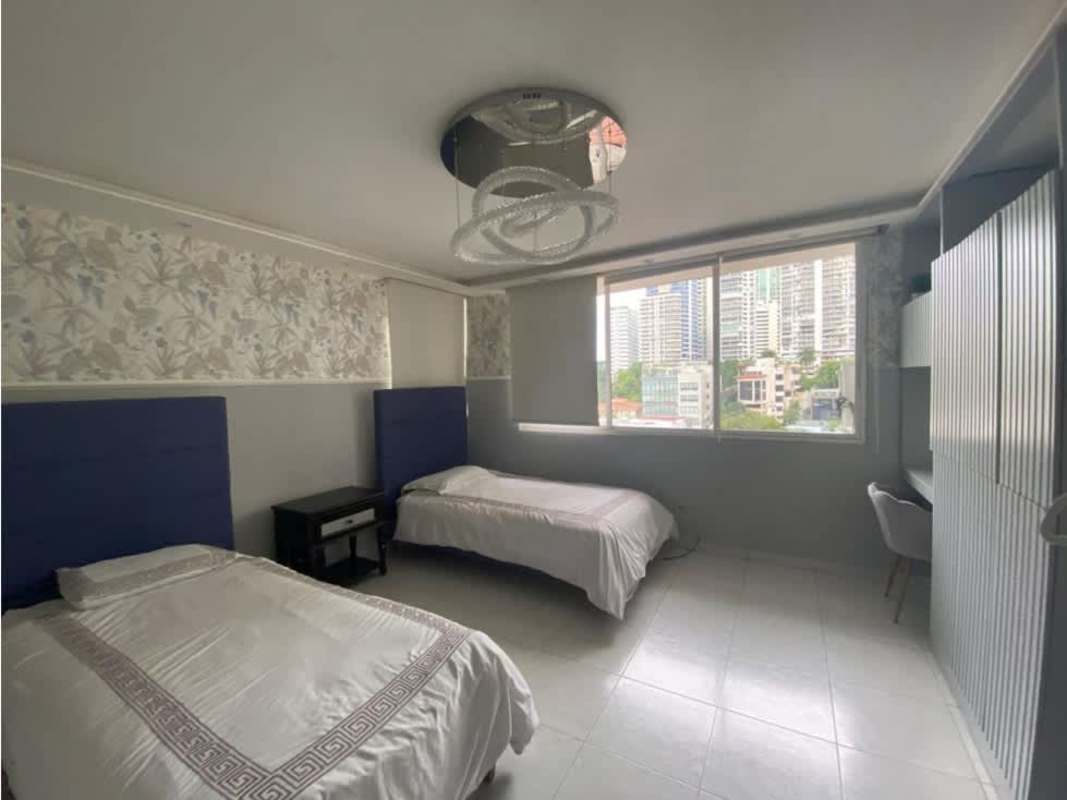 Bedroom with twin beds, city skyline view, and modern design PH Ritz Panama