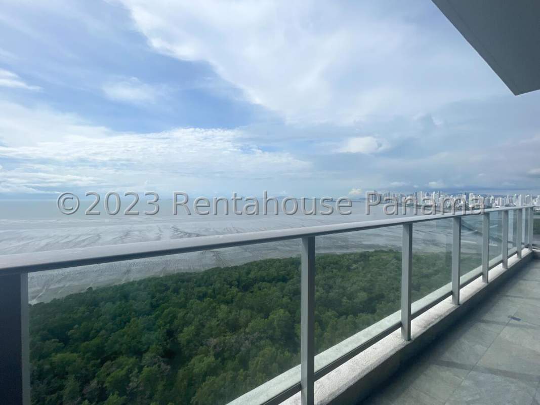 Spacious apartment balcony with panoramic ocean and skyline views PH Regalia Costa del Este Panama