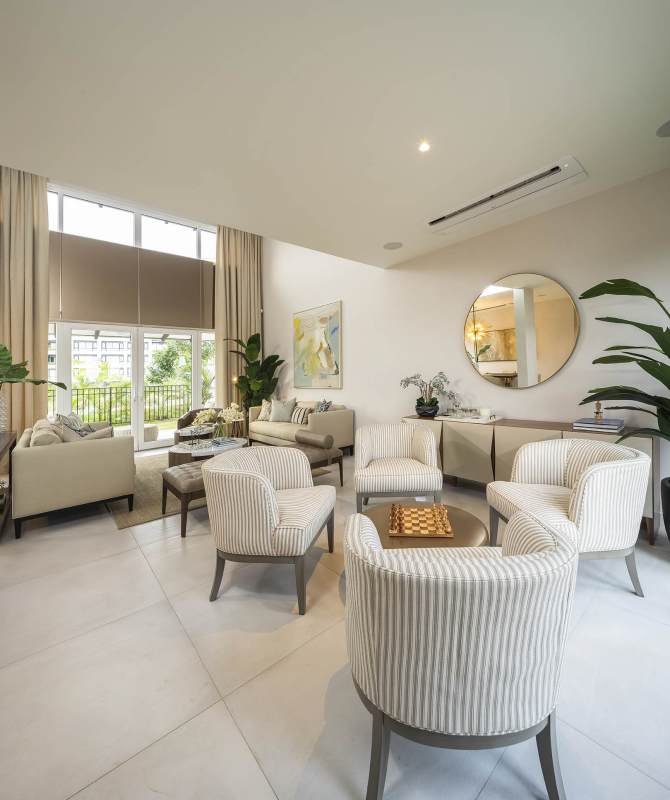 Modern bathroom with double sink vanity, glass shower in Santa María Golf Panama City