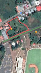 Compilation images including aerial outline, street view and signage for land sale in Las Tablas Panama